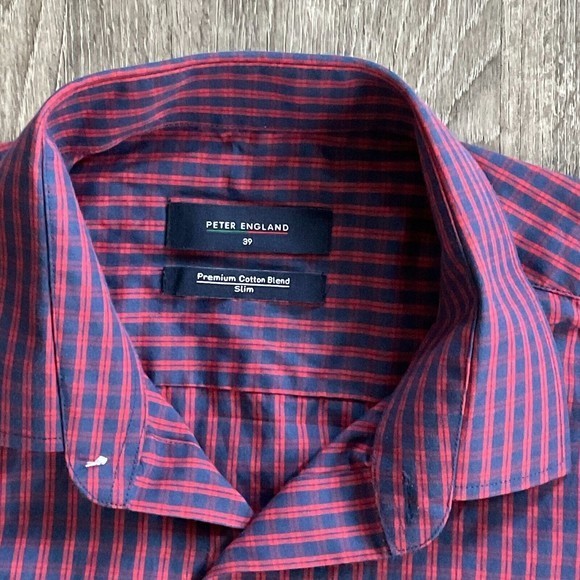 2- Peter England Slim Fit Dress‎ Shirts Casual Plaid Size 39 EUC Blue Red White - Picture 3 of 11